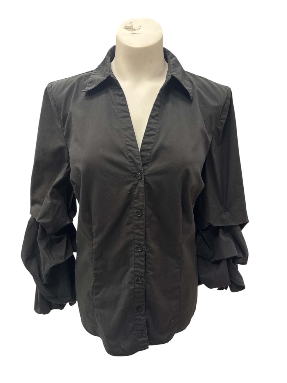 INC International Concepts Black Button-Front Blouse with Ruffle Sleeves Size M